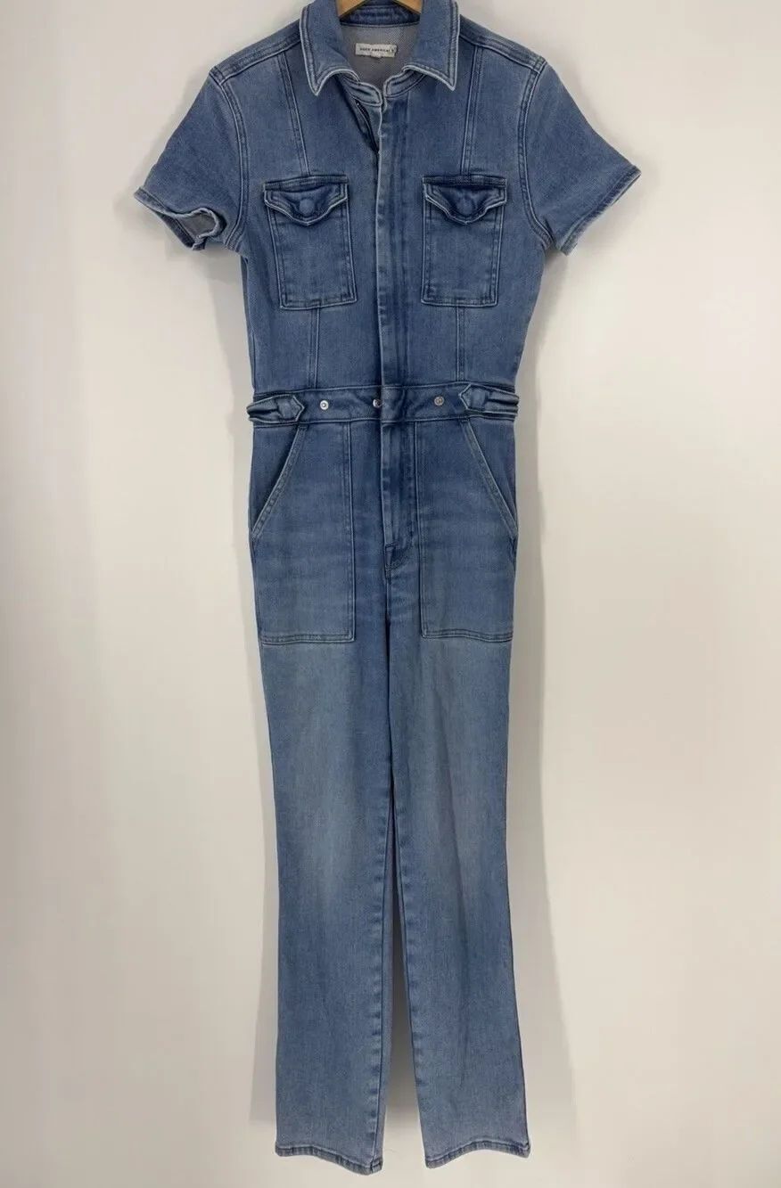 Good American Fit For Success Denim Skinny Jumpsuit Size 2 Blue Romper Stretch